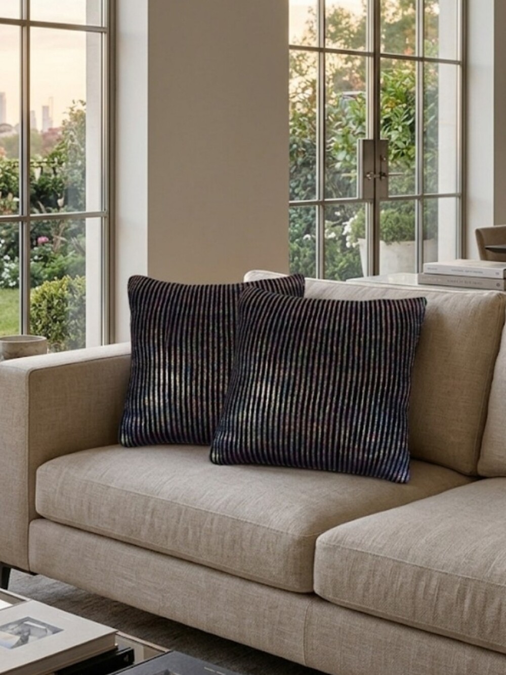 Set of Two Black Decorative Pillows with Iridescent Stripes